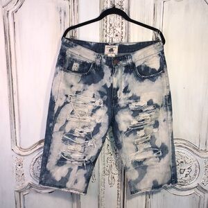 Original Vintage Denim Smoke Rise Acid Wash Distressed Long Length Jeans Shorts